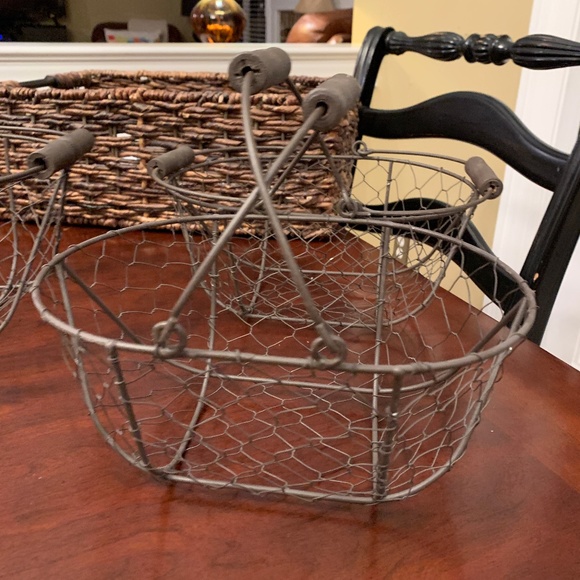 Other - Three Decorative and Functional Baskets - Chicken Wire, Metal w/ Wooden Handles